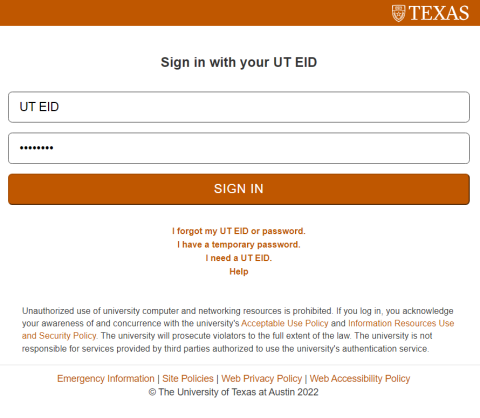 UT EID log in page